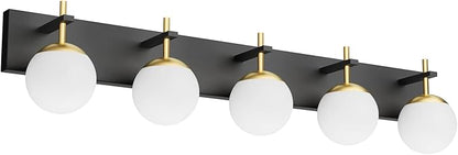 Ralbay Mid Century Modern Vanity Lights - 5-Light Milky Glass Globe Modern Bathroom Vanity Lights Over Long Mirror, Black/Golden Bathroom Wall Light Fixture