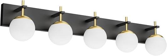 Ralbay Mid Century Modern Vanity Lights - 5-Light Milky Glass Globe Modern Bathroom Vanity Lights Over Long Mirror, Black/Golden Bathroom Wall Light Fixture
