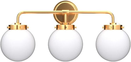 Gold Bathroom Vanity Light Fixtures Over Mirror, 22.4'' Modern Brass 3 Lights Wall Sconce with Milky Glass Ball Shade, Mid Century Farmhouse Vanity Lighting