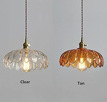 LITFAD Scalloped Glass Flower Ceiling Hanging Light Industrial Single Dining Room Hanging Pendant Light Retro Pendant Lamp for Restaurant Hallway Bar Dining Room - 110V-120V Tan