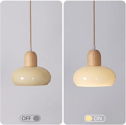 Glass Dome Pendant Light Cream Glass Hanging Ceiling Lamp Kitchen Island Pendant Lighting, Modern Wood Suspended Lights for Dining Table Bedroom Living Room Restaurant 7.87″ Pendant Lamps