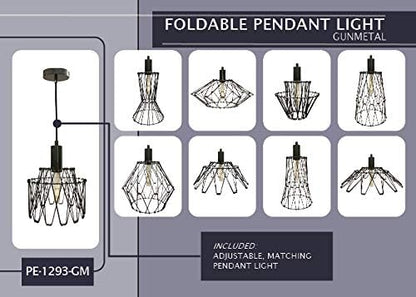 Royal Designs, Inc. Foldable Industrial Metal Pendant Light with Adjustable 7 ft Long Lamp Cord & Canopy, Create 9 Different Shapes, Gunmetal, Single