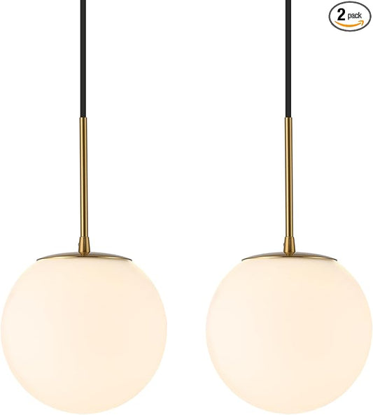 Milk Globe Pendant Light, Mid Century Modern Ceiling Hanging Lights Fixture with Height Adjustable, Brass Gold Pendant Lighting for Kitchen Island, Hallway, Dining Room, Living Room (2 Pack)