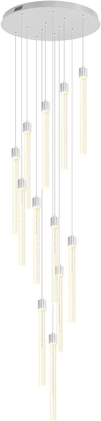 118'' Modern Glam Crystal Column Chandelier for High Ceiling LED Dimmable Pendant Light Staircase Foyer Enterway Living Room Ceiling Chandelier Lighting Silver 12 Lights