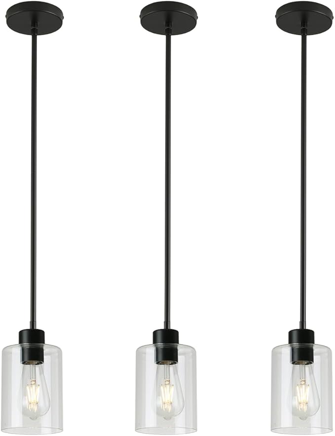 3 Pack Black Pendant Lights Kitchen Island, Modern Industrial Matte Black Hanging Light Fixtures, Adjustable Downrod Farmhouse Glass Pendant Lighting for Dining Room Bedroom Hallway Entryway