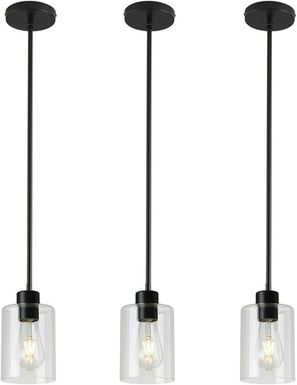 3 Pack Black Pendant Lights Kitchen Island, Modern Industrial Matte Black Hanging Light Fixtures, Adjustable Downrod Farmhouse Glass Pendant Lighting for Dining Room Bedroom Hallway Entryway
