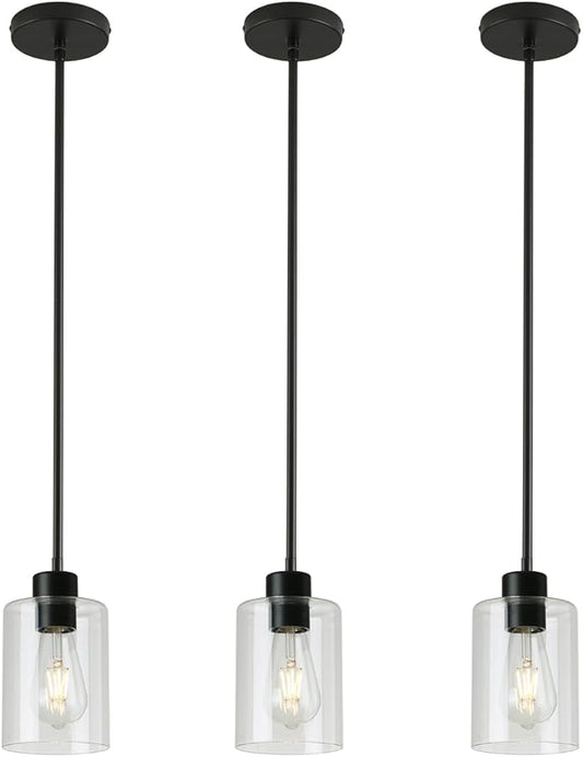 3 Pack Black Pendant Lights Kitchen Island, Modern Industrial Matte Black Hanging Light Fixtures, Adjustable Downrod Farmhouse Glass Pendant Lighting for Dining Room Bedroom Hallway Entryway