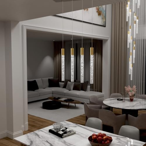 Modern 4-Light Gold Crystal Column Pendant Light Rectangular Crystal Chandelier LED Hanging Light for Dining Room Living Room, Hallway, Bedroom
