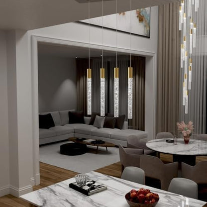 Modern 4-Light Gold Crystal Column Pendant Light Rectangular Crystal Chandelier LED Hanging Light for Dining Room Living Room, Hallway, Bedroom