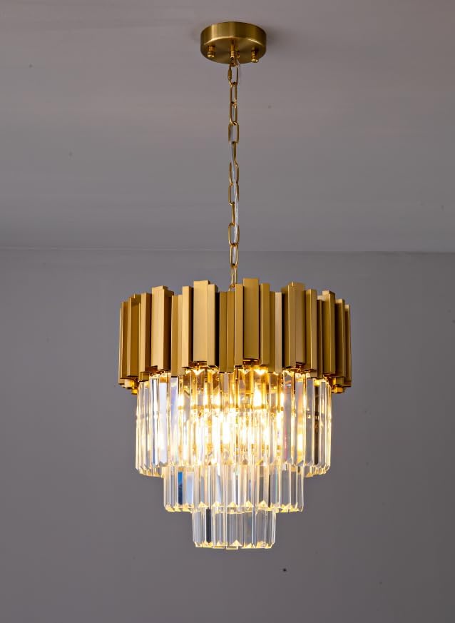 3-Tier 15.8" Modern Gold Crystal Chandelier, 5-Light Round K9 Crystal Pendant Light Fixture for Dining Room, Kitchen Island, Bedroom, Living Room, Foyer, Entryway