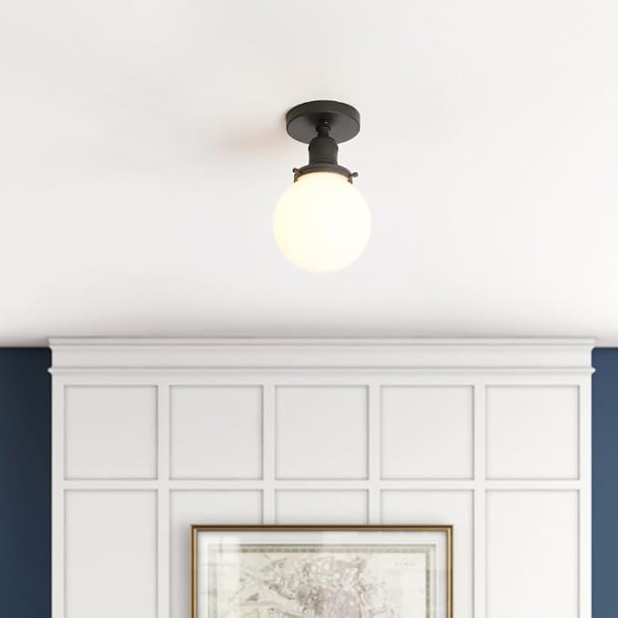 Yosoan 1-Light Modern Hallway Ceiling Light Fixture with Milk Round Glass, Indoor Hardwired Vintage Indoor Flush Mount Lighting with Matte Globe Shade Lights for Kitchen Bathroom Porch Entryway(Black)