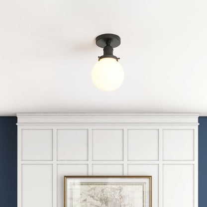 Yosoan 1-Light Modern Hallway Ceiling Light Fixture with Milk Round Glass, Indoor Hardwired Vintage Indoor Flush Mount Lighting with Matte Globe Shade Lights for Kitchen Bathroom Porch Entryway(Black)