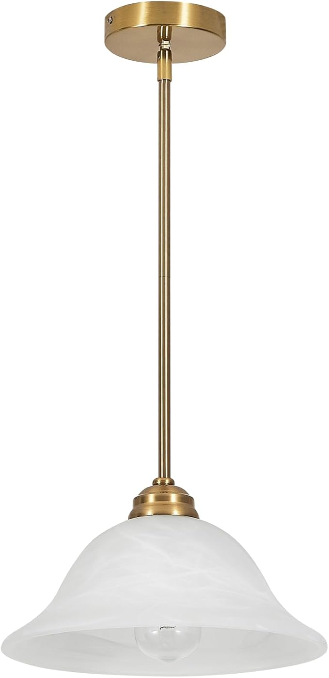 Modern Alabaster Glass Pendant Light Adjustable Rod Pendant Lighting Fixture for Kitchen Sink Bar Dining Room, 12“D (Brass)