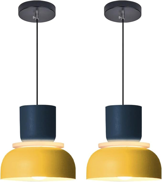 2-Lights Mid Century Pendant Light Kitchen Window Nordic Hanging Lights Yellow Colorful Drum Shade Unique Aluminum Dome Lampshade Adjustable Pendant Lighting Schoolhouse Light Fixture