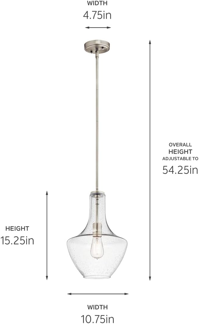 Kichler Everly 1-Light Kitchen Bell Pendant Light, Hanging Light Fixture with Clear Seeded Glass in Brushed Nickel for Kitchen Island or Dining Room (15.25" x 10.5"), 42141NICS