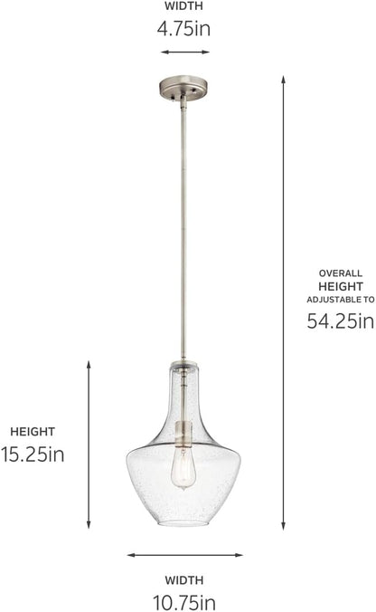 Kichler Everly 1-Light Kitchen Bell Pendant Light, Hanging Light Fixture with Clear Seeded Glass in Brushed Nickel for Kitchen Island or Dining Room (15.25" x 10.5"), 42141NICS