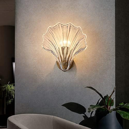 LITFAD Single-Bulb Sleeping Room Sconce Light Contemporary Scallop Shade Glass Wall Mount Lighting Creative LED Wall Lamp Bedside Lamp for Bedroom Hotel Restaurant Corridor, Clear
