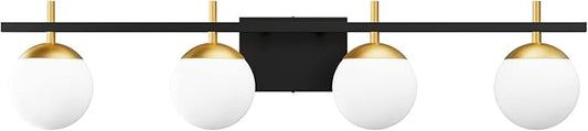 Ralbay Mid Century Modern Vanity Light Fixture 4-Light Milky Glass Modern Bathroom Vanity Lights Over Mirror, Black/Golden Modern Vanity Light for Bathroom Black and Gold 4 Light(Exclude Bulb)