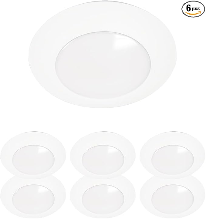 Halo HLCE 6-Pack 6 in Integrated LED Recessed Disk Light 3000K Warm White, 900 Lumens 90 CRI, Damp Location, Phase Cut Dimming, Surface Mount Below Ceiling Installation