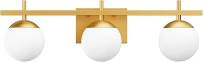 Ralbay Mid Century Modern Gold Bathroom Light Fixtures Gold Milky Glass Modern Bathroom Vanity Lights Over Mirror, Gold 3-Light (Exclude Bulb)
