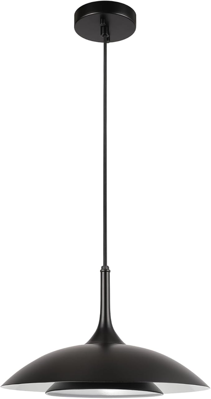 GLOBE Electric x Novogratz 67000104 14W LED Integrated Pendant Light Fixture, Glossy Black, Fabric Cord, Matte White Interior Shade, Dimmable, 800 Lumens, 3000K, 90 CRI, Living Room Pendant Light
