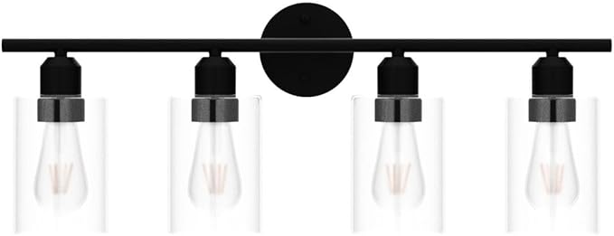 4 Light Bathroom Vanity Light Fixtures Black,Rustic Farmhouse Vanity Lighting Over Mirror Modern Industrial Lamp with Cylinder Glass Shade UL Certified
