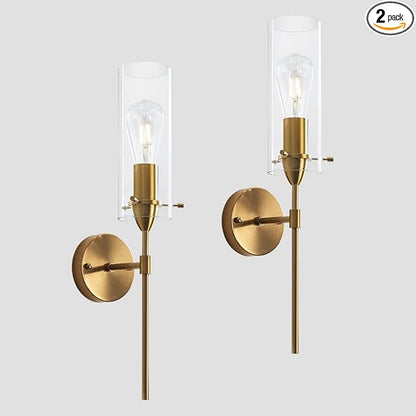 Gold Wall Sconces, Modern Wall Lights with Clear Glass Shade, Indoor Hardwired Wall Mount Light Fixtures for Living Room Bathroom, Bedroom, Hallway, 2 Pack