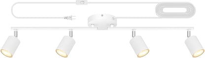 Track Lighting Plug in, LED Track Lighting Fixtures Ceiling Kit, White 4-Light Ceiling Light Plug-in, Wall Light with 14.8ft Power Cord, Rotatable Kitchen Spotlight for Bedroom(GU10 Socket, NO Bulb)