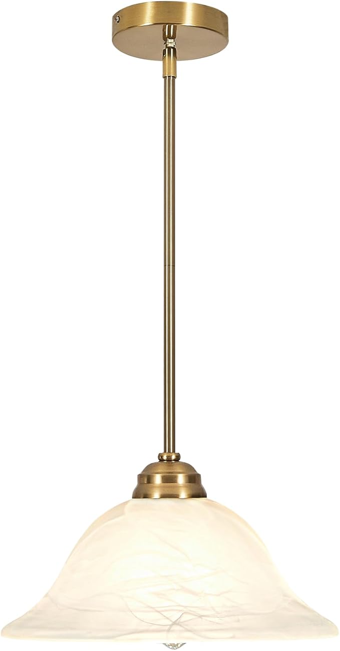 Modern Alabaster Glass Pendant Light Adjustable Rod Pendant Lighting Fixture for Kitchen Sink Bar Dining Room, 12“D (Brass)