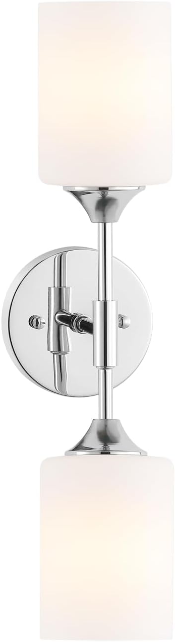 BYOLIIMA 2-Lights Modern Wall Sconce White Cylinder Glass Shades Mid Century Bathroom Vanity Wall Light Fixtures Industrial Wall Lamp for Bedroom Mirror Living Room Restaurant(Chrome Color)