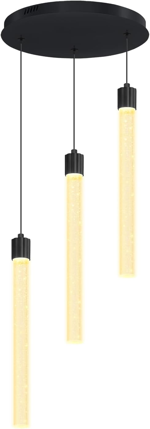 LED Black 3-Light Pendant Light for Kitchen Island Modern Dimmable Led Crystal Column Chandelier for Dining Room Foyer Entryway Hanging Pendant Lighting 2700K-6000K