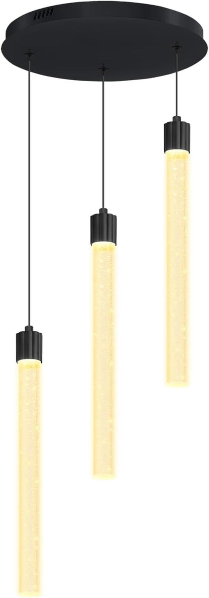 LED Black 3-Light Pendant Light for Kitchen Island Modern Dimmable Led Crystal Column Chandelier for Dining Room Foyer Entryway Hanging Pendant Lighting 2700K-6000K