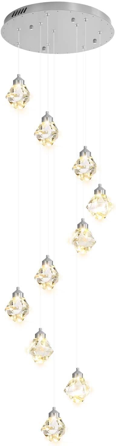 H138 High Ceiling Crystal Chandelier, 14-Light Chrome Pendant Light Fixture, Luxury Raindrop Chandelier for Foyer, Staircase, Villa, Entryway, Modern Large Crystal Lighting for Living Room
