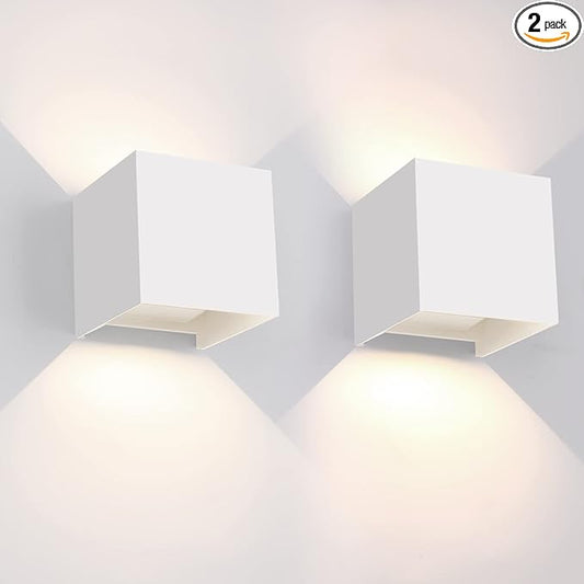 Mille Lucciole 12W 2Pack Outdoor Wall Lights Exterior/Interior,LED White Outdoor Wall Sconces Light Fixtures Modern,IP65 Waterproof Square Aluminum Wall Lamps, Up and Down Lights 4500K Natural Lights