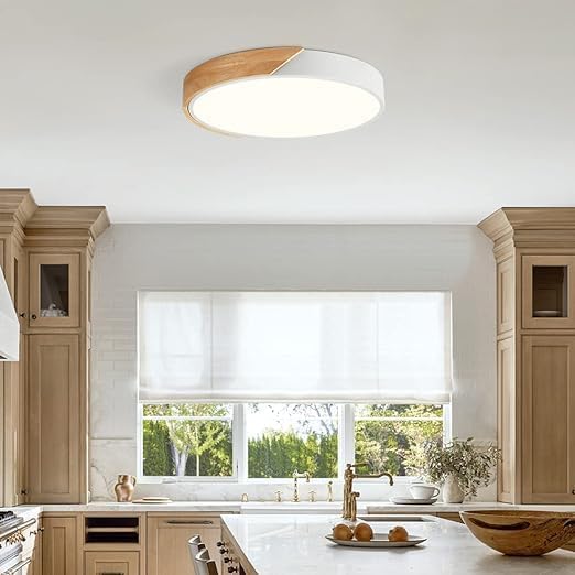 Modern Dimmable Wood Ceiling Light, Minimalist LED 5CCT 2700K-6000K Flush Mount Ceiling Light Fixture, Round Lighting Lamp for Bedroom Living Room Dining Room Laundry, White, 15.8"