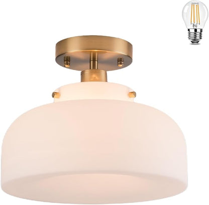 Semi Flush Mount Ceiling Light Fixture, 11.7 Inch Copper Finish with Milk Glass Schoolhouse Style for Kitchen Hallway Entryway