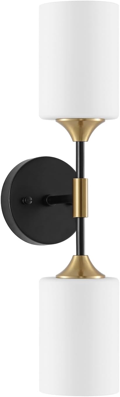 BYOLIIMA Industrial Mid Century Wall Sconce 2-Lights with White Cylinder Glass Shades Modern Bathroom Vanity Wall Lamp Matte Black and Gold Brushed Brass Finished Wall Light Fixture