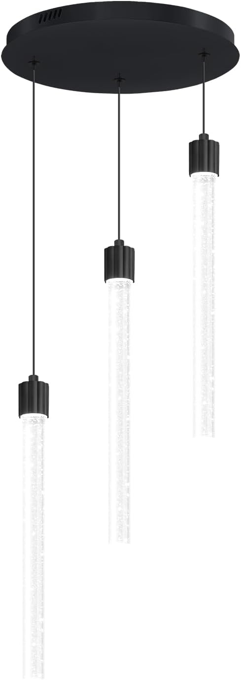 LED Black 3-Light Pendant Light for Kitchen Island Modern Dimmable Led Crystal Column Chandelier for Dining Room Foyer Entryway Hanging Pendant Lighting 2700K-6000K