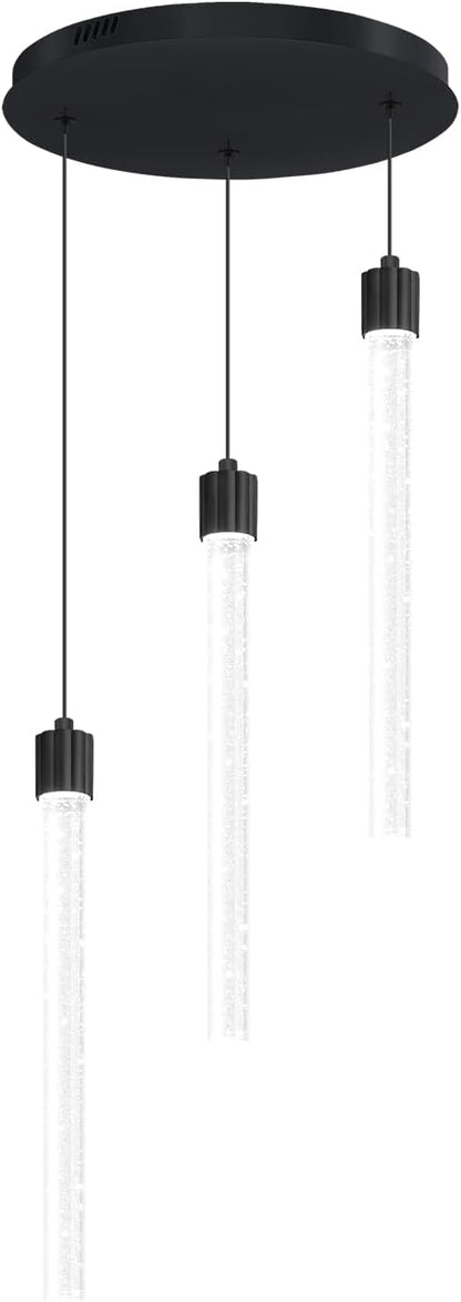 LED Black 3-Light Pendant Light for Kitchen Island Modern Dimmable Led Crystal Column Chandelier for Dining Room Foyer Entryway Hanging Pendant Lighting 2700K-6000K