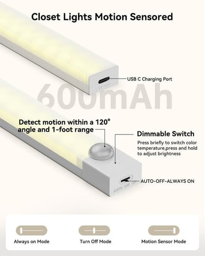 Under Cabinet Lighting 12 Inches Rechargeable Motion Sensor Light Indoor, 3 Color Dimmable Closet Light Battery Operated, USB Stick on LED Magnetic Under Counter Lights for Kitchen Stair, 6Packs