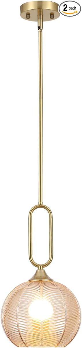 Amber Glass Pendant Light Modern Globe Pendant Lighting Nordic Ribbed Gold Ceiling Hanging Chandelier with Brushed Brass Adjustable Rods Dining Room Kitchen Island Light Fixture