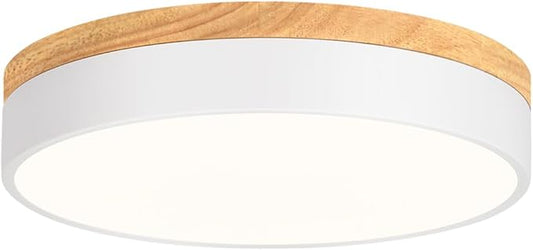 Modern Wood Flush Mount Ceiling Light, White LED 5CCT 2700K-6000K Dimmable Ceiling Light Fixtures, Round Close to Lighting Fixture for Kitchen Entryway Hallway Bedroom Laundry Room-11.8in