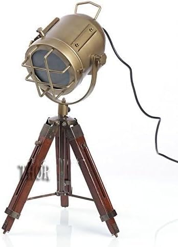 THOR INSTRUMENTS Vintage Industrial Style Brown Brass Finish Teak Wood Tripod Table LAMP Rustic Vintage Home Decor Gifts