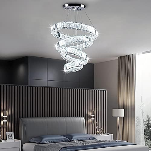 CLAIRDAI Modern 4 Ring Crystal Chandelier, LED Pendant Light Fixture, Cool White K9 Crystal Ceiling Light for Dining Room, Living Room, Bedroom