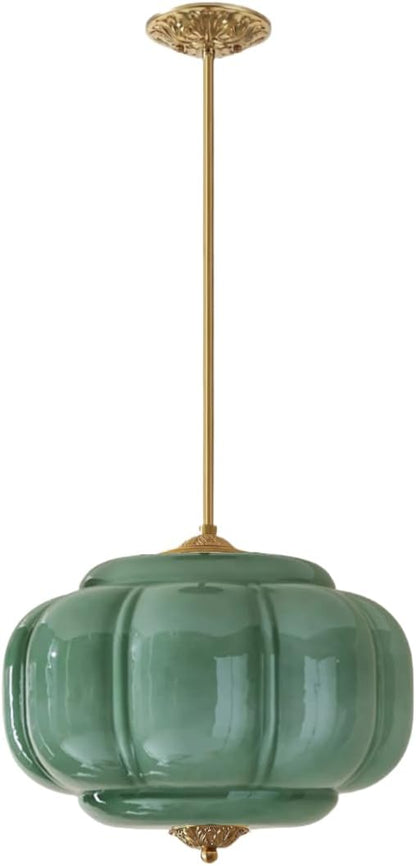 Green Milk Glass Pendant Light Vintage Schoolhouse Light Fixture Easy Change Bulb Chandelier Gold Traditional Semi Flush Mount Ceiling Light for Bedroom Kitchen Dining Room