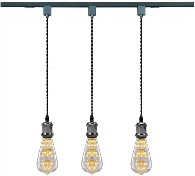 Kiven 3-Light H-Type Wire Track Light Pendants, 7 Inch Cord Length Black Weave Rope, Restaurant Chandelier Decorative Pendant Light Industrial Factory Pendant Lamp 3 Pack,Bulb Not Included（Black）