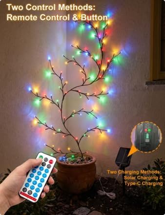 Solar Willow Vine Lights Outdoor, 7.8FT 144LEDs RGB Enchanted Willow Vine Lights with Remote, Waterproof Garden Decor for Wall Window Porch Patio Party Decor