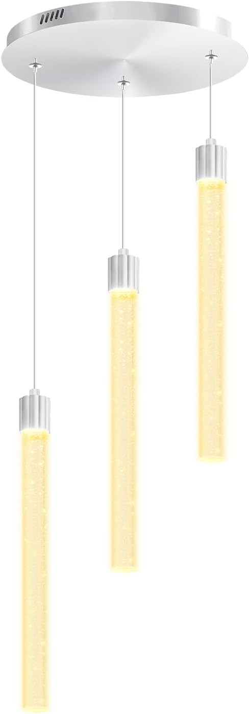 Modern Led Crystal Column Chandelier 3-Light Silver LED Pendant Light for Kitchen Island Foyer Entryway Dimmable Hanging Pendant Lighting 2700K-6000K