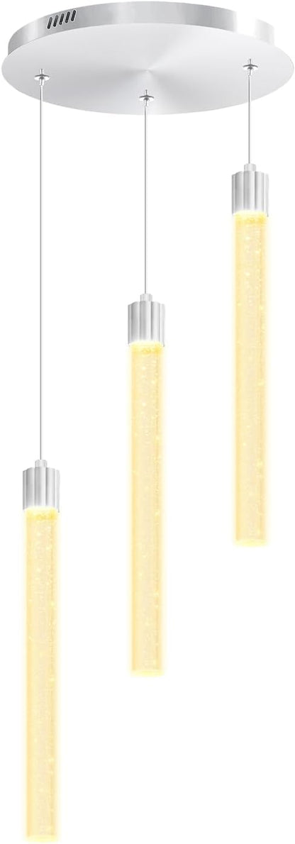 Modern Led Crystal Column Chandelier 3-Light Silver LED Pendant Light for Kitchen Island Foyer Entryway Dimmable Hanging Pendant Lighting 2700K-6000K