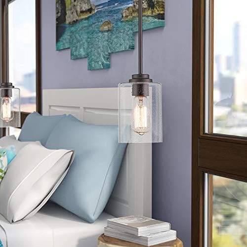 Beionxii Glass Pendant Light | Farmhouse Mini Pendant Lighting for Kitchen Island Dining Room Over The Sink, Oil Rubbed Bronze with Bubble Glass - DMD9002-1H/1PK